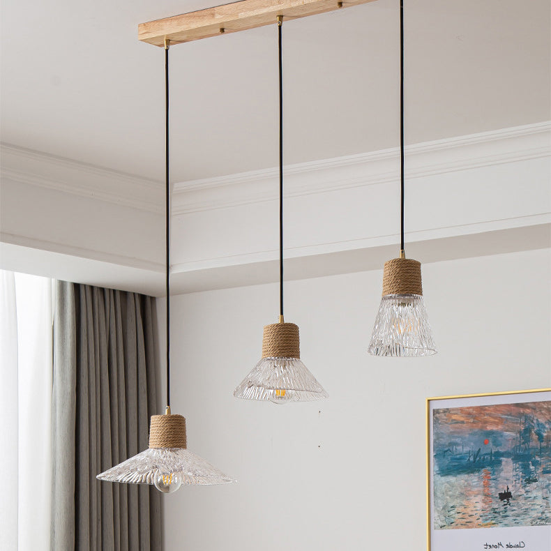 Nordic Style Round 3-Light Conical Glass Chandelier with Hemp Rope for Living Room