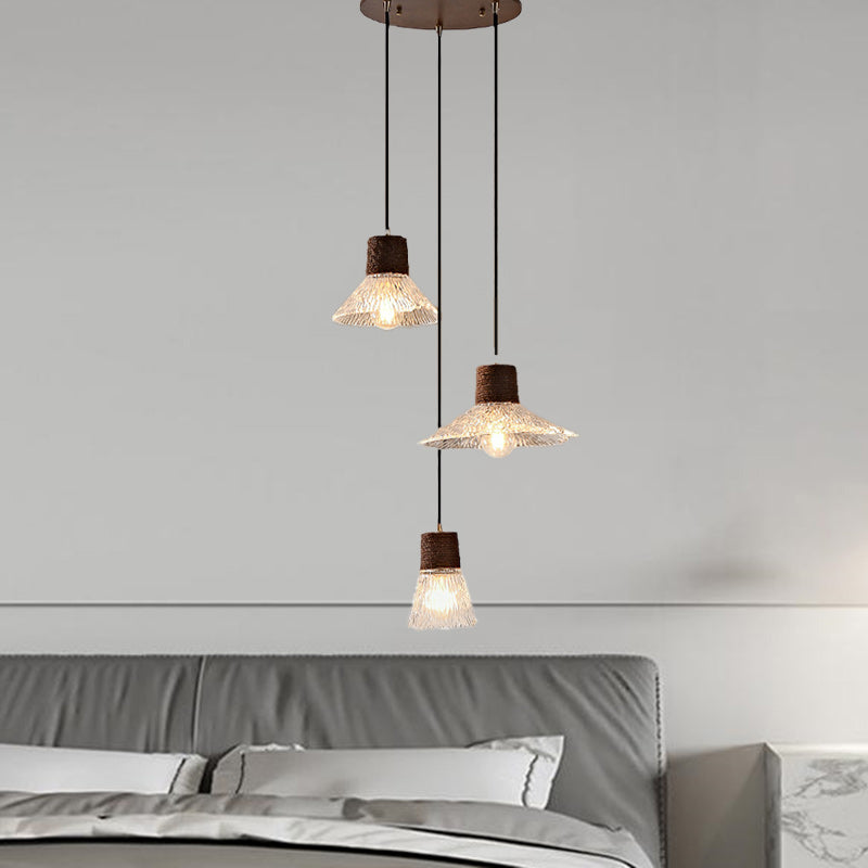 Nordic Style Round 3-Light Conical Glass Chandelier with Hemp Rope for Living Room
