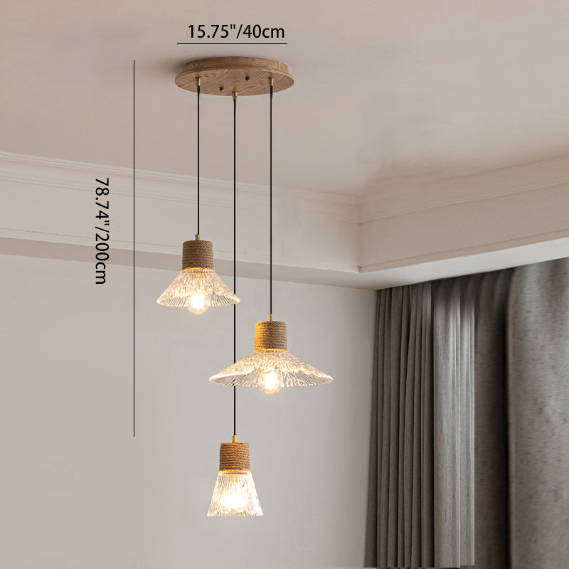 Nordic Style Round 3-Light Conical Glass Chandelier with Hemp Rope for Living Room