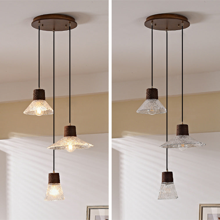 Nordic Style Round 3-Light Conical Glass Chandelier with Hemp Rope for Living Room