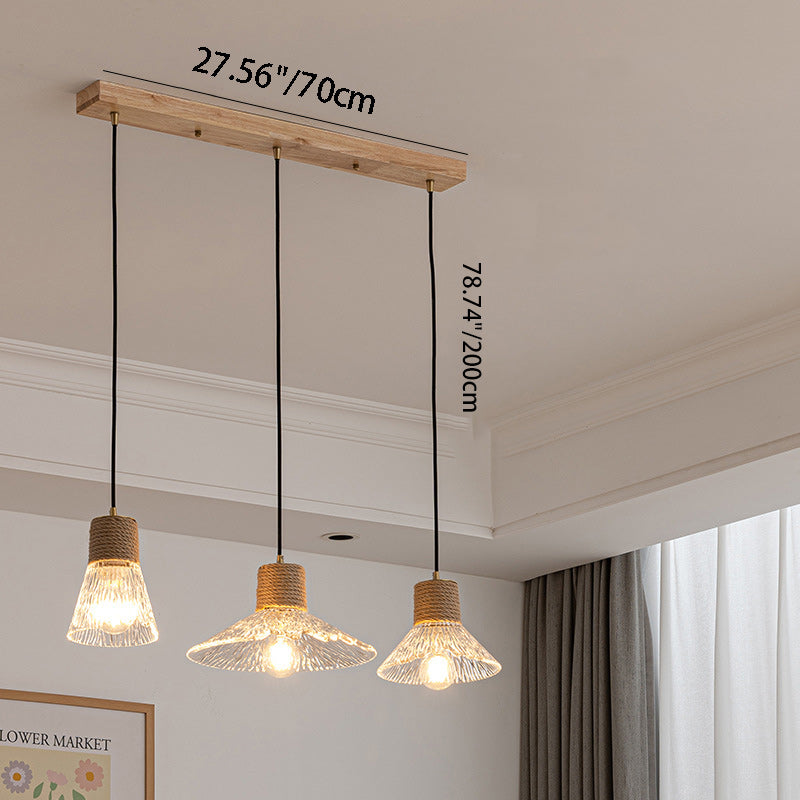 Nordic Style Round 3-Light Conical Glass Chandelier with Hemp Rope for Living Room