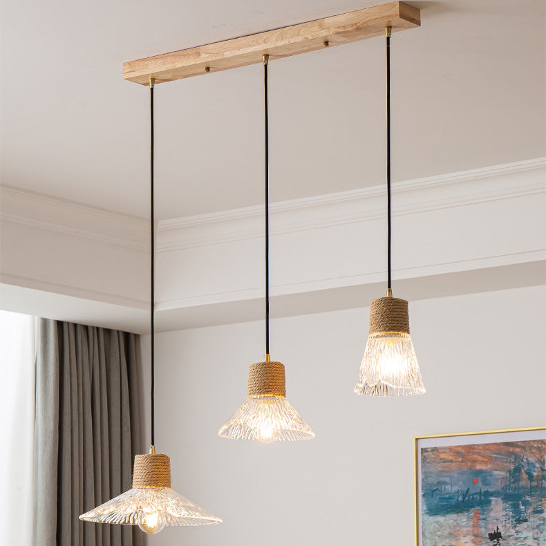 Nordic Style Round 3-Light Conical Glass Chandelier with Hemp Rope for Living Room