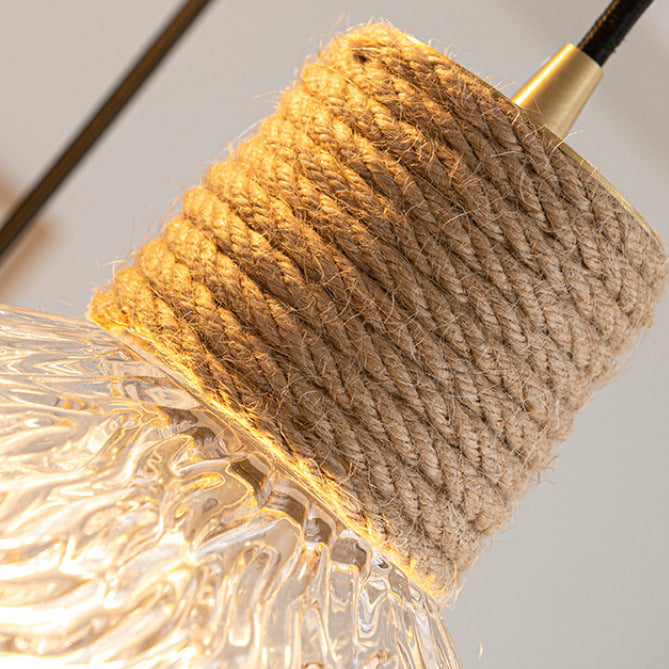 Nordic Style Round 3-Light Conical Glass Chandelier with Hemp Rope for Living Room