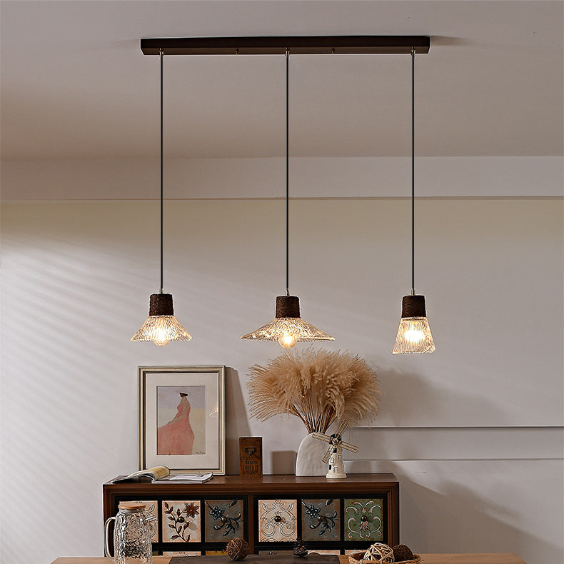 Nordic Style Round 3-Light Conical Glass Chandelier with Hemp Rope for Living Room