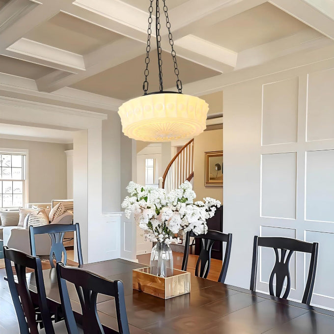 Vintage-inspired Iron and Glass Floral Drum Shade 3-Light Chandelier for Living Room