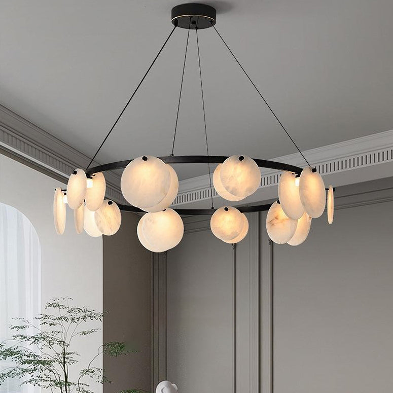 Modern Minimalist Copper and Marble Round Chandelier for Living Room