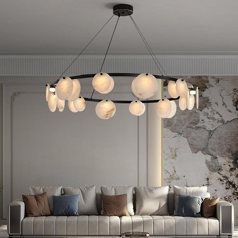 Modern Minimalist Copper and Marble Round Chandelier for Living Room