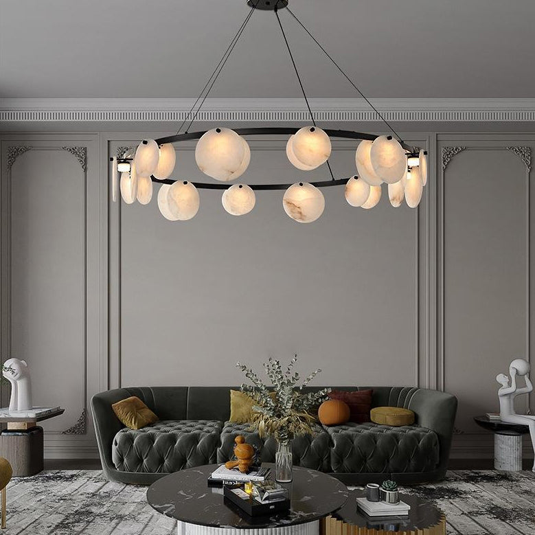 Modern Minimalist Copper and Marble Round Chandelier for Living Room