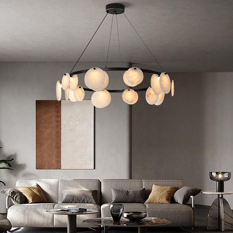 Modern Minimalist Copper and Marble Round Chandelier for Living Room