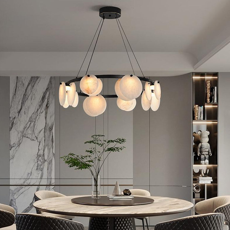 Modern Minimalist Copper and Marble Round Chandelier for Living Room
