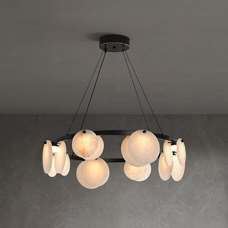 Modern Minimalist Copper and Marble Round Chandelier for Living Room