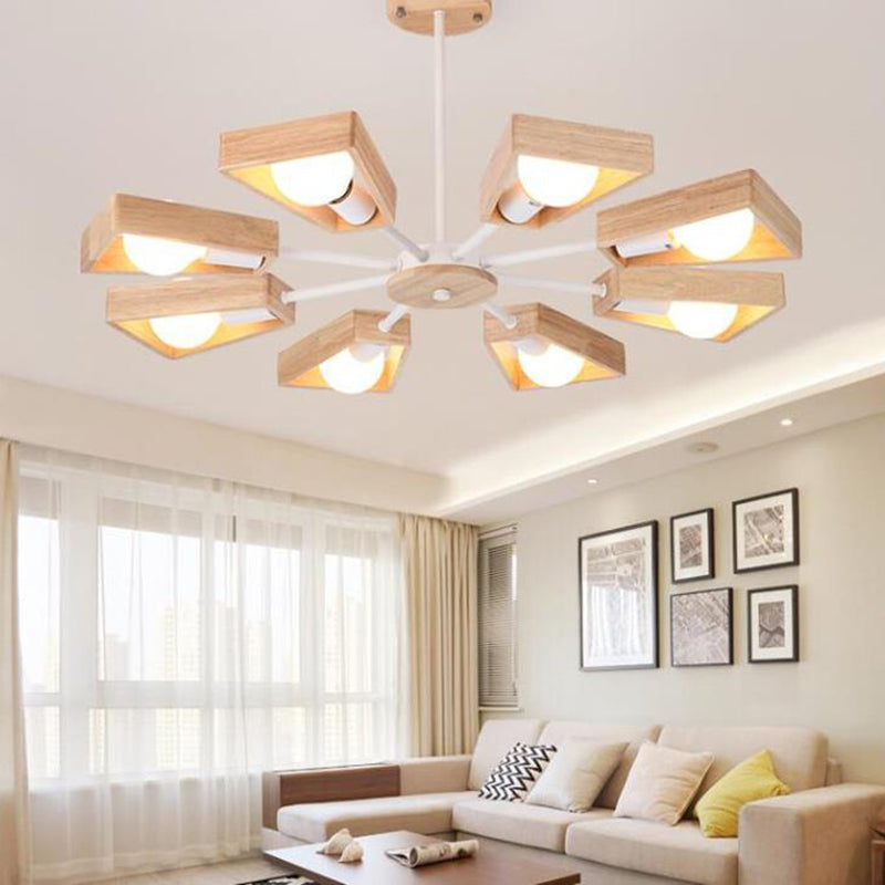 Scandinavian Iron Wood Trapezoidal Chandelier for Living Room Lighting