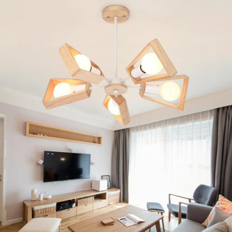 Scandinavian Iron Wood Trapezoidal Chandelier for Living Room Lighting