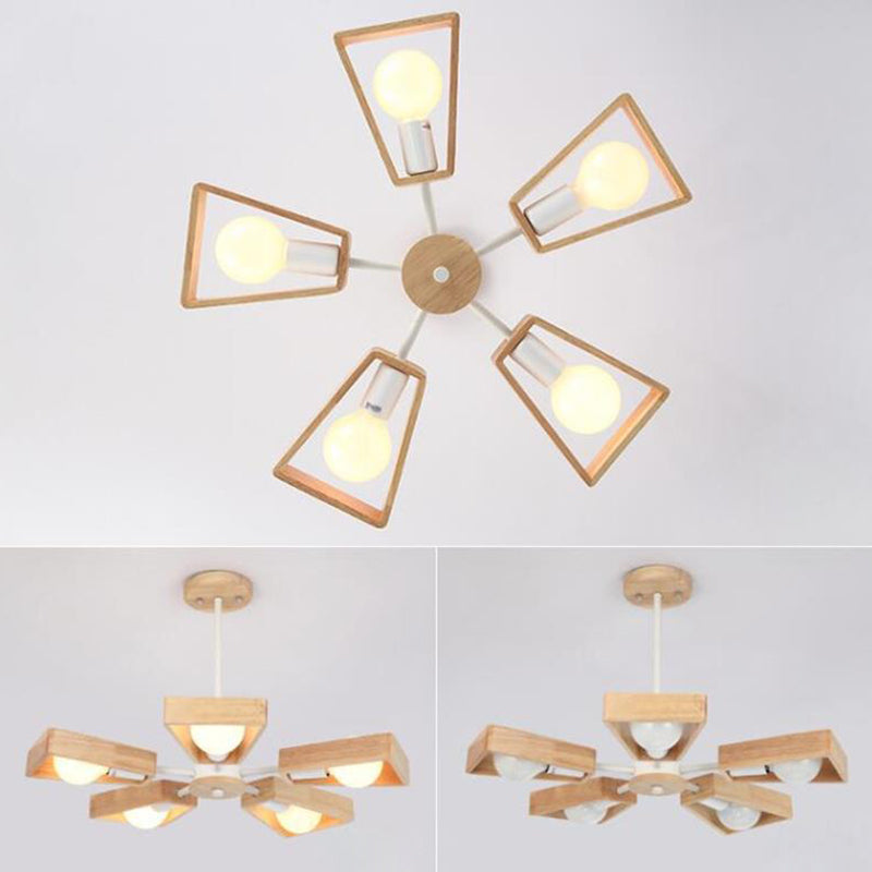 Scandinavian Iron Wood Trapezoidal Chandelier for Living Room Lighting