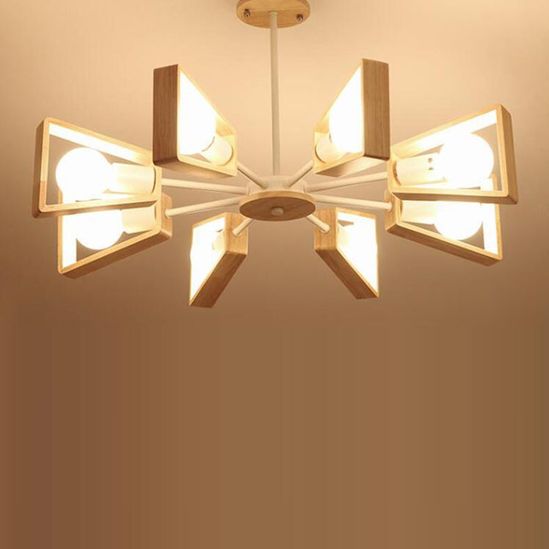 Scandinavian Iron Wood Trapezoidal Chandelier for Living Room Lighting