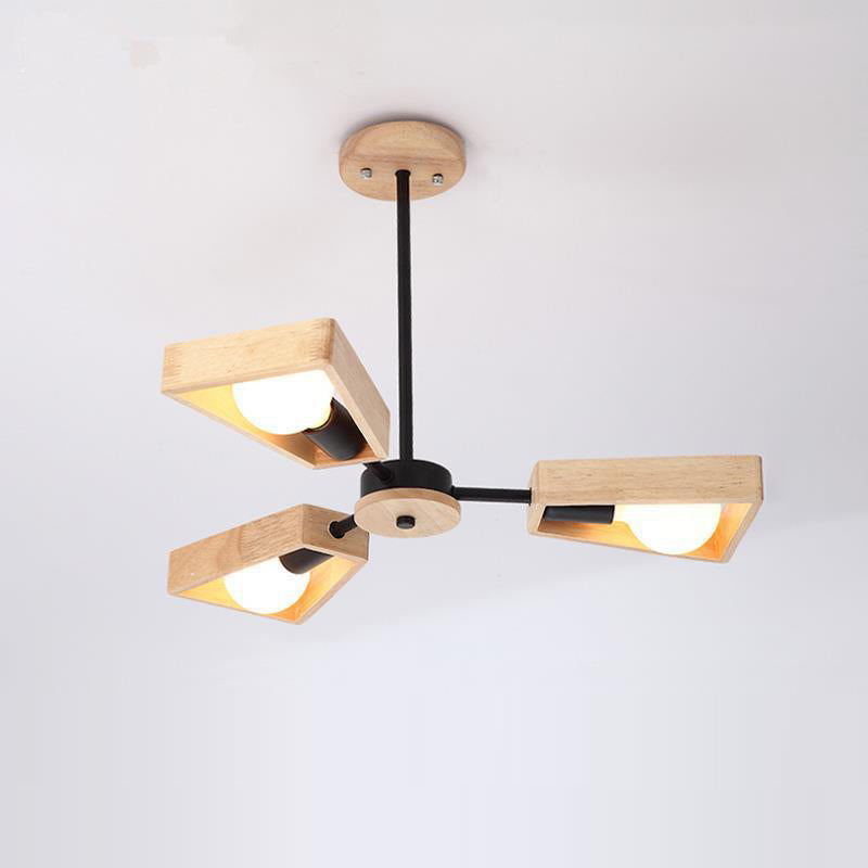 Scandinavian Iron Wood Trapezoidal Chandelier for Living Room Lighting