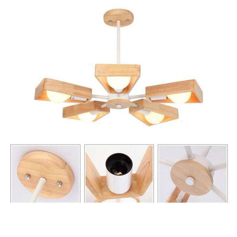Scandinavian Iron Wood Trapezoidal Chandelier for Living Room Lighting