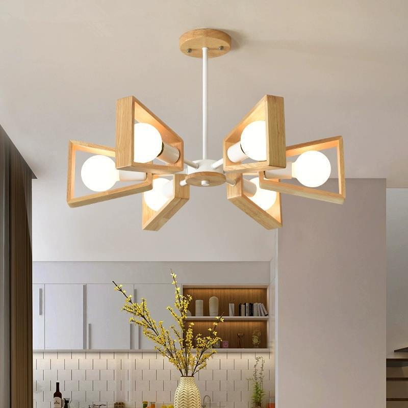 Scandinavian Iron Wood Trapezoidal Chandelier for Living Room Lighting