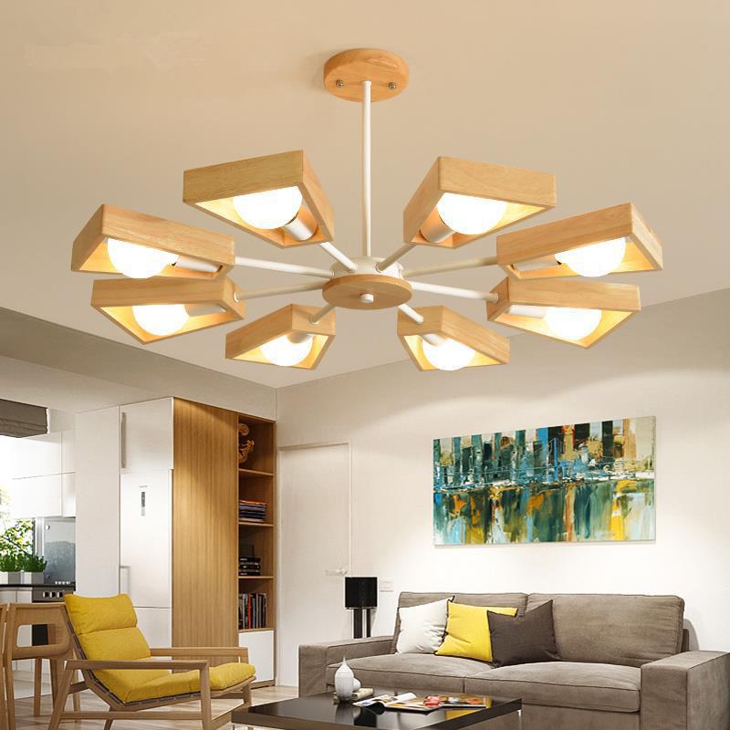 Scandinavian Iron Wood Trapezoidal Chandelier for Living Room Lighting