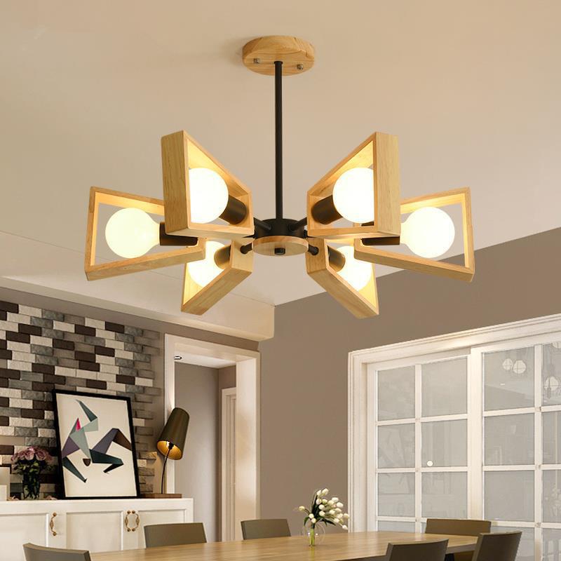 Scandinavian Iron Wood Trapezoidal Chandelier for Living Room Lighting