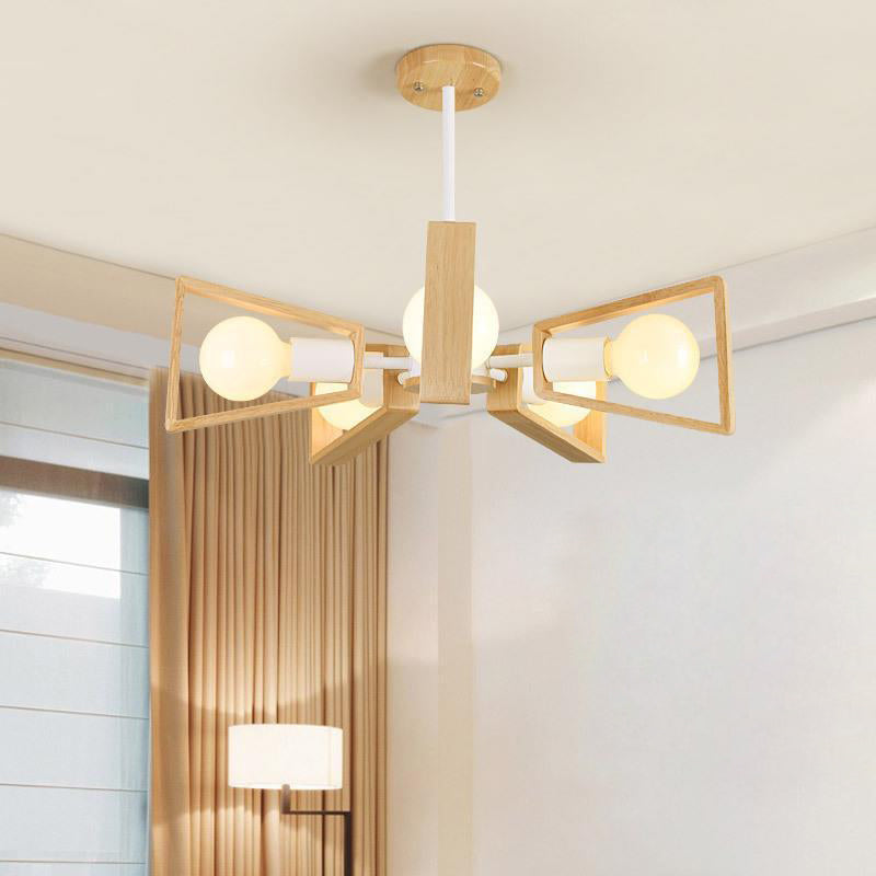 Scandinavian Iron Wood Trapezoidal Chandelier for Living Room Lighting