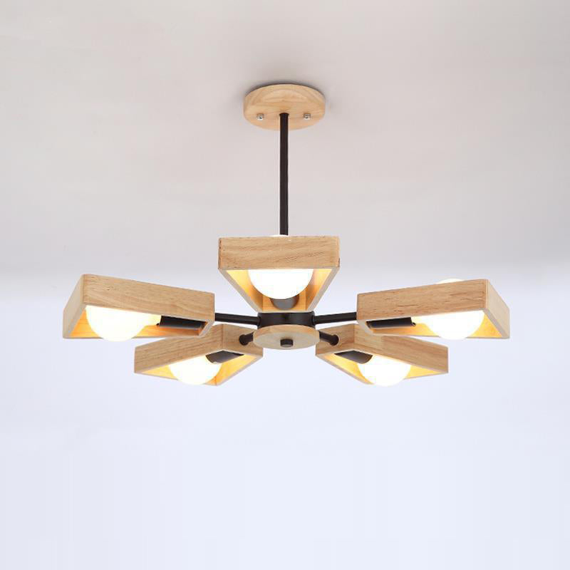 Scandinavian Iron Wood Trapezoidal Chandelier for Living Room Lighting