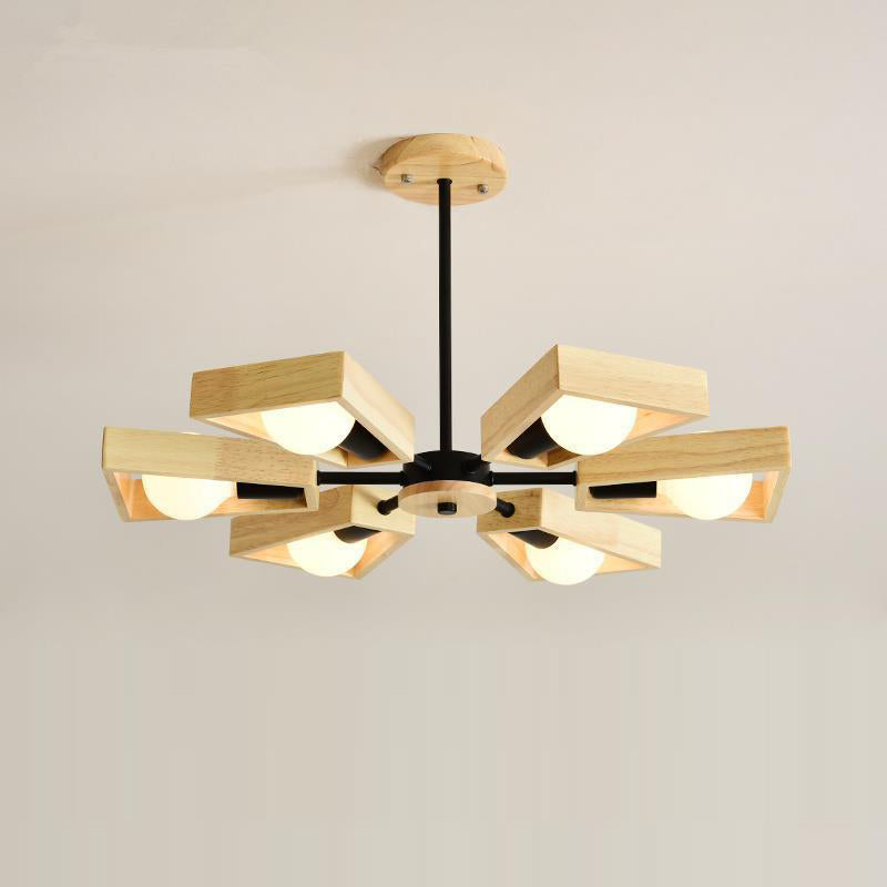 Scandinavian Iron Wood Trapezoidal Chandelier for Living Room Lighting