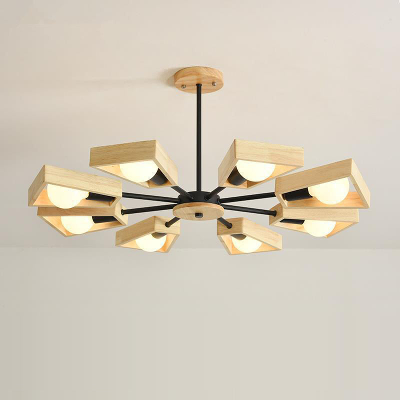 Scandinavian Iron Wood Trapezoidal Chandelier for Living Room Lighting