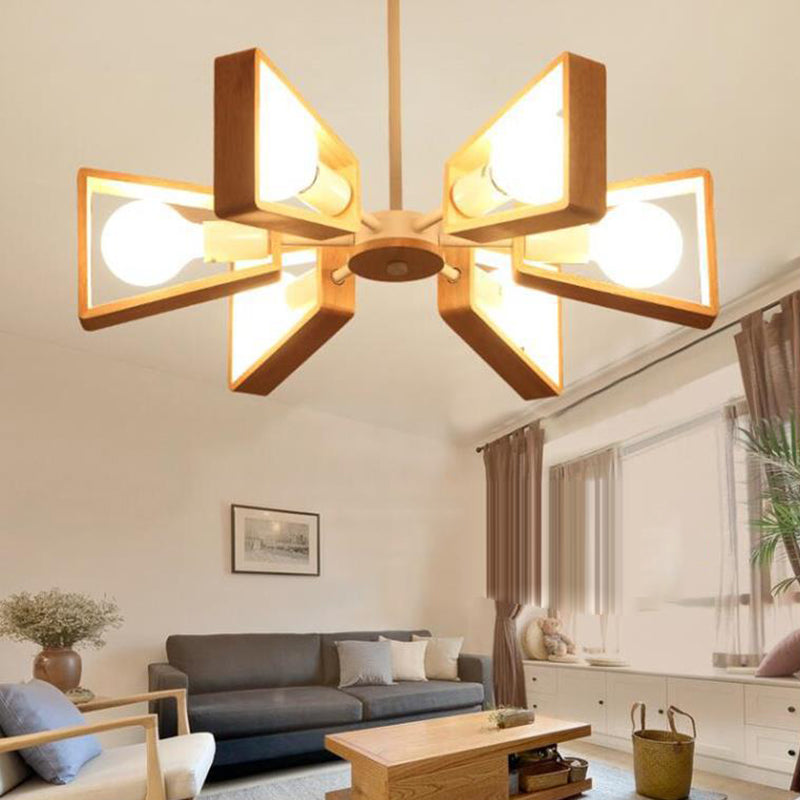Scandinavian Iron Wood Trapezoidal Chandelier for Living Room Lighting