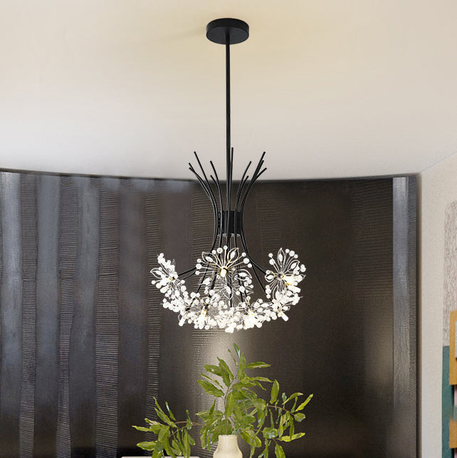 Modern Dandelion Crystal Firework Chandelier in Iron Frame for Living Room