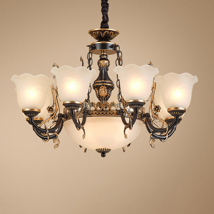 Antique Gold Iron Tulip Glass Shade Chandelier for Living Room 6/8-Light