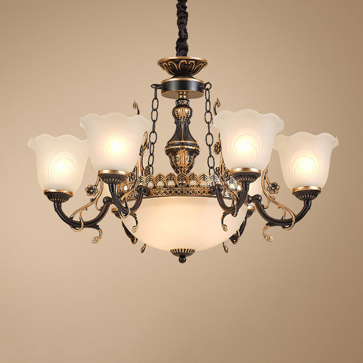 Antique Gold Iron Tulip Glass Shade Chandelier for Living Room 6/8-Light