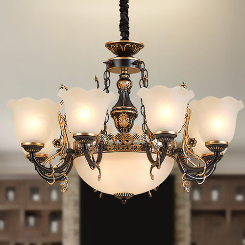 Antique Gold Iron Tulip Glass Shade Chandelier for Living Room 6/8-Light