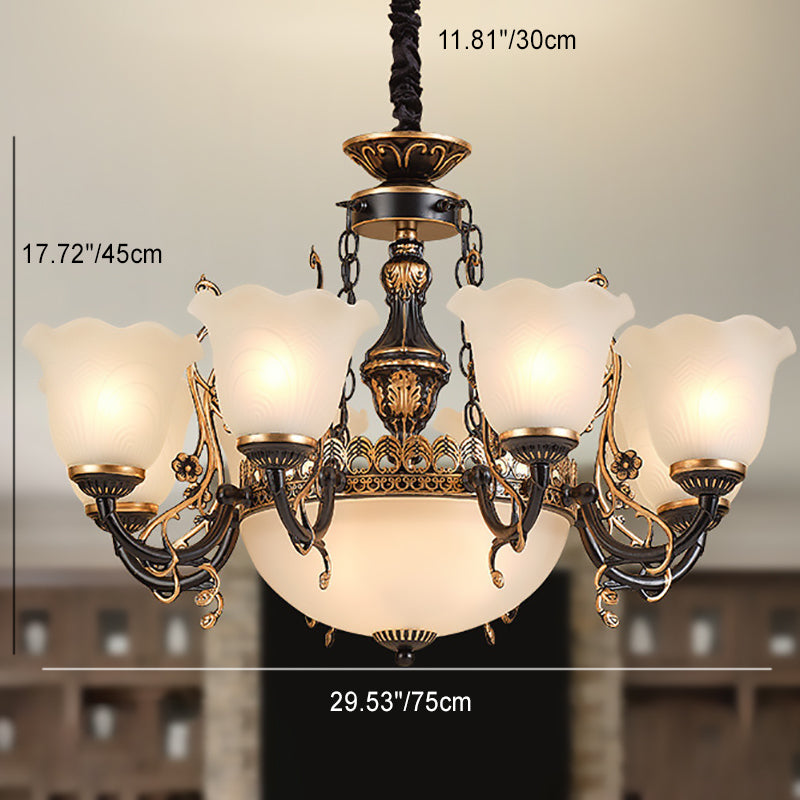 Antique Gold Iron Tulip Glass Shade Chandelier for Living Room 6/8-Light
