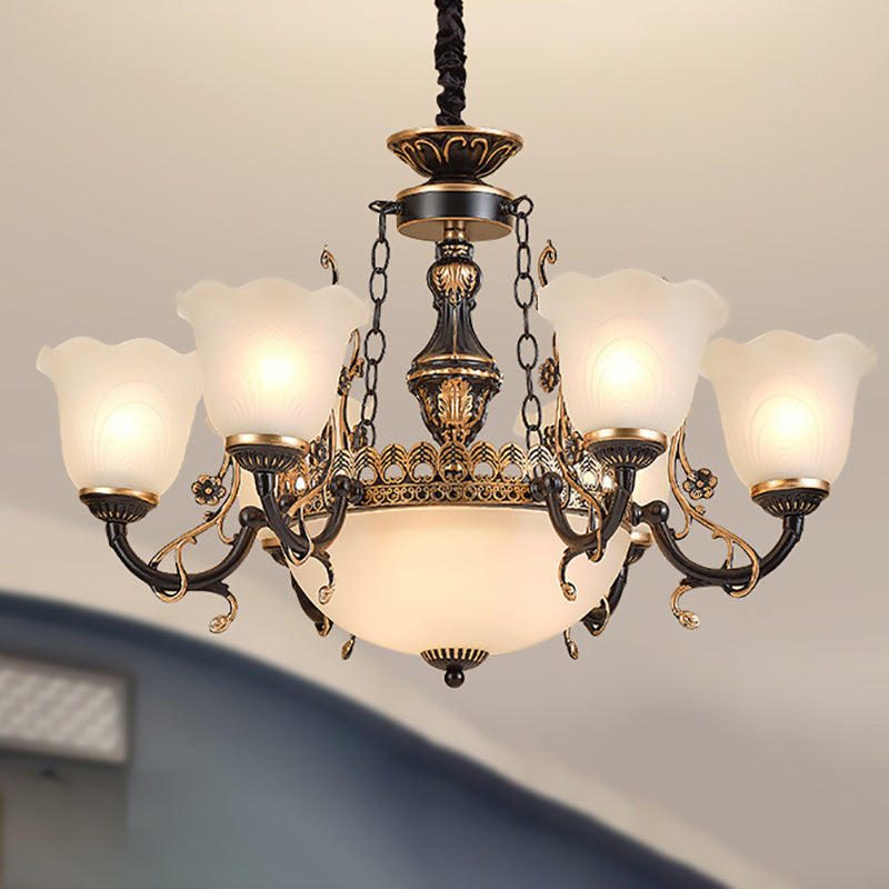 Antique Gold Iron Tulip Glass Shade Chandelier for Living Room 6/8-Light