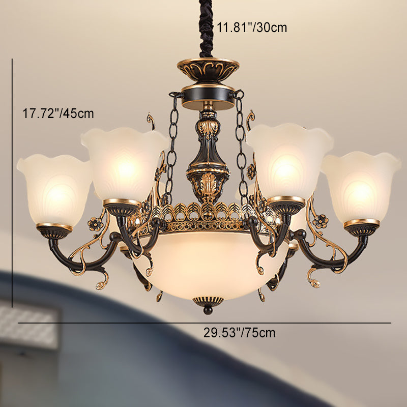 Antique Gold Iron Tulip Glass Shade Chandelier for Living Room 6/8-Light