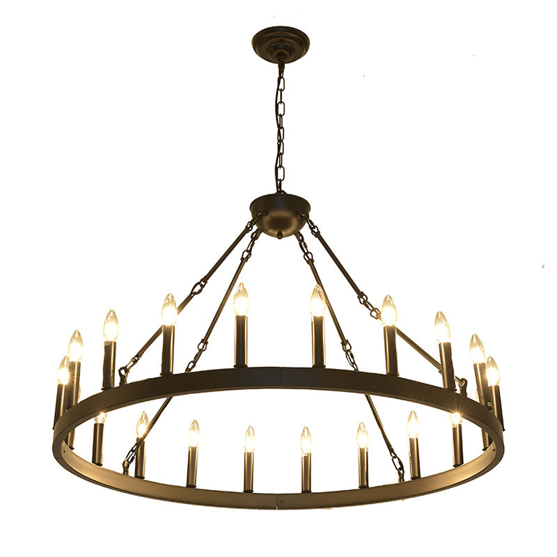 Rustic Black Iron Circle Chandelier with Glass for Dining Room Decor