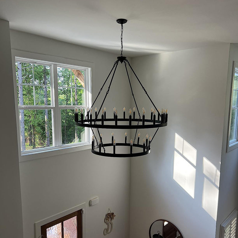 Rustic Black Iron Circle Chandelier with Glass for Dining Room Decor