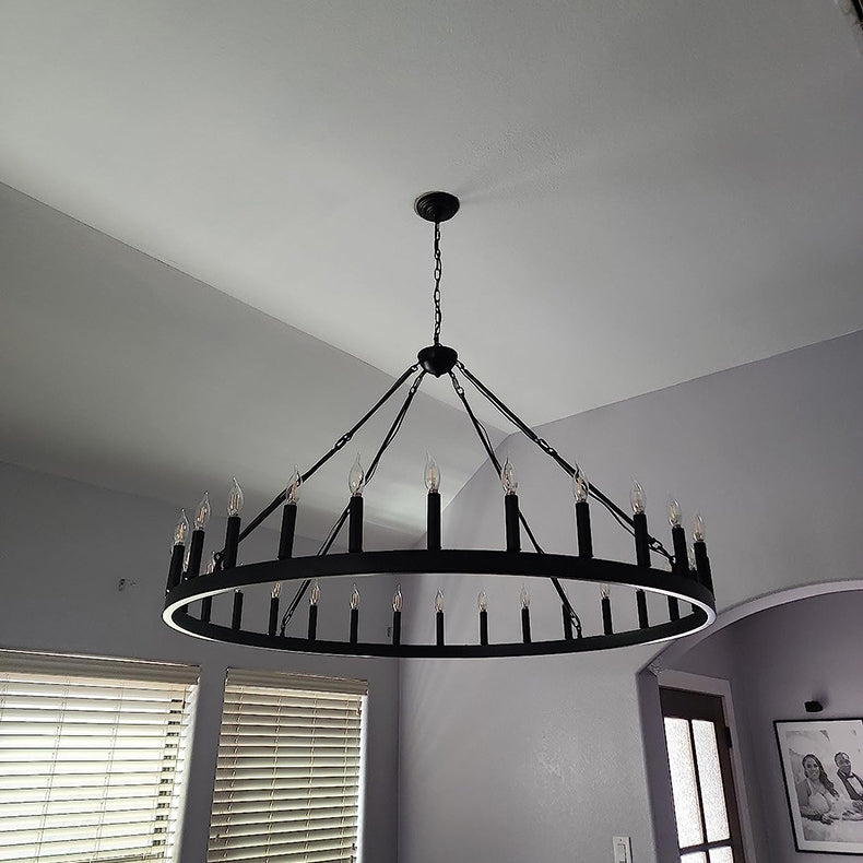 Rustic Black Iron Circle Chandelier with Glass for Dining Room Decor