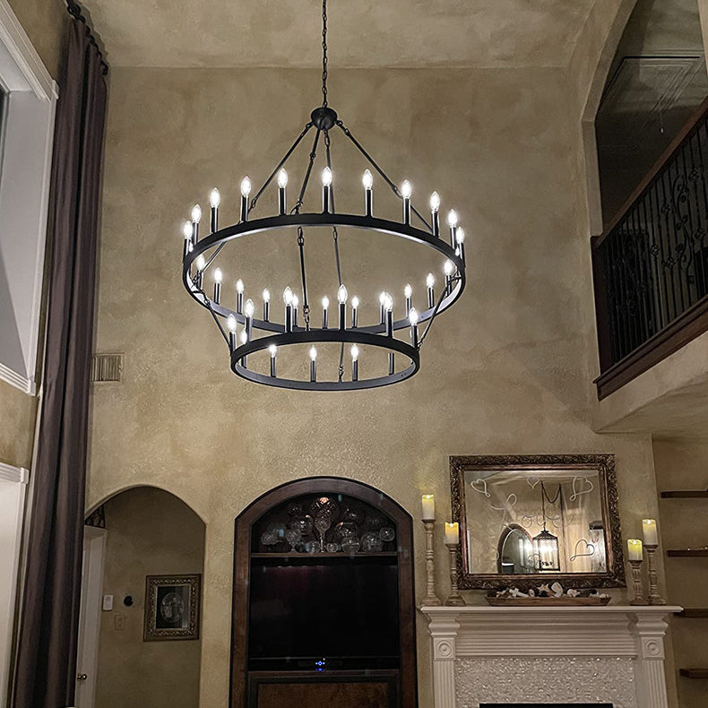Rustic Black Iron Circle Chandelier with Glass for Dining Room Decor