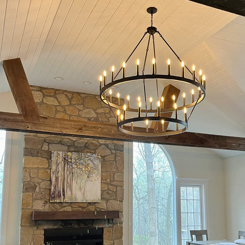 Rustic Black Iron Circle Chandelier with Glass for Dining Room Decor