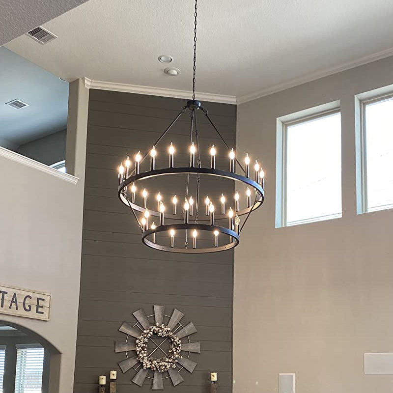 Rustic Black Iron Circle Chandelier with Glass for Dining Room Decor