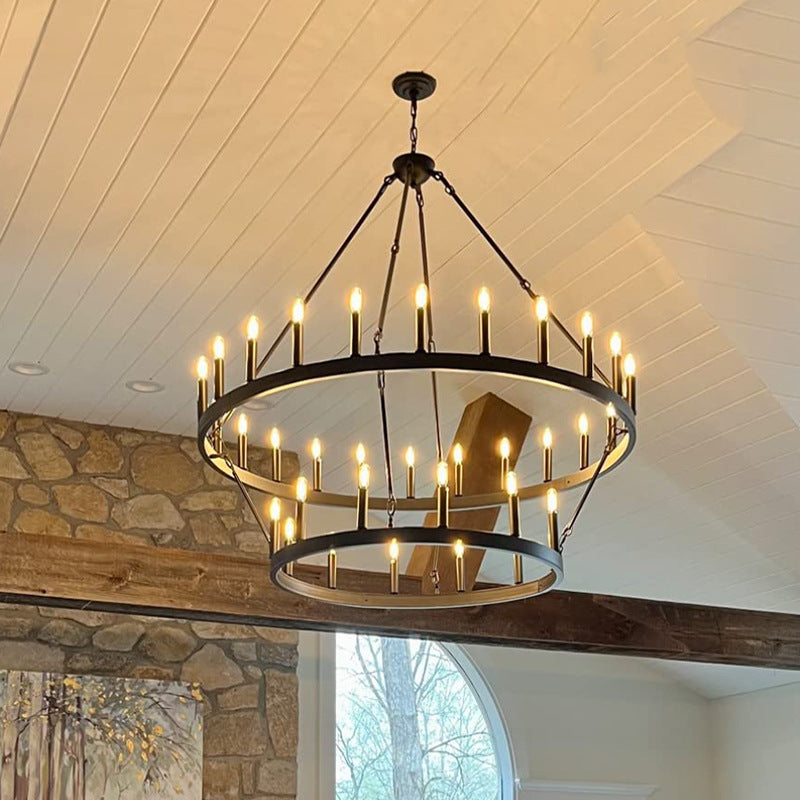 Rustic Black Iron Circle Chandelier with Glass for Dining Room Decor