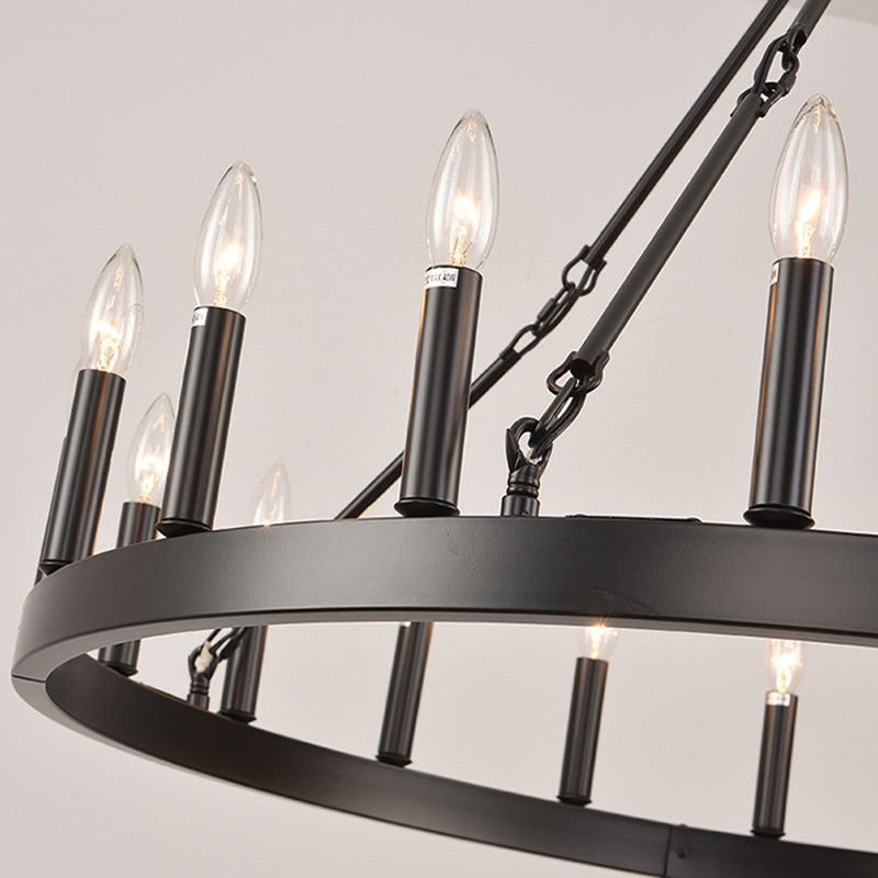 Rustic Black Iron Circle Chandelier with Glass for Dining Room Decor