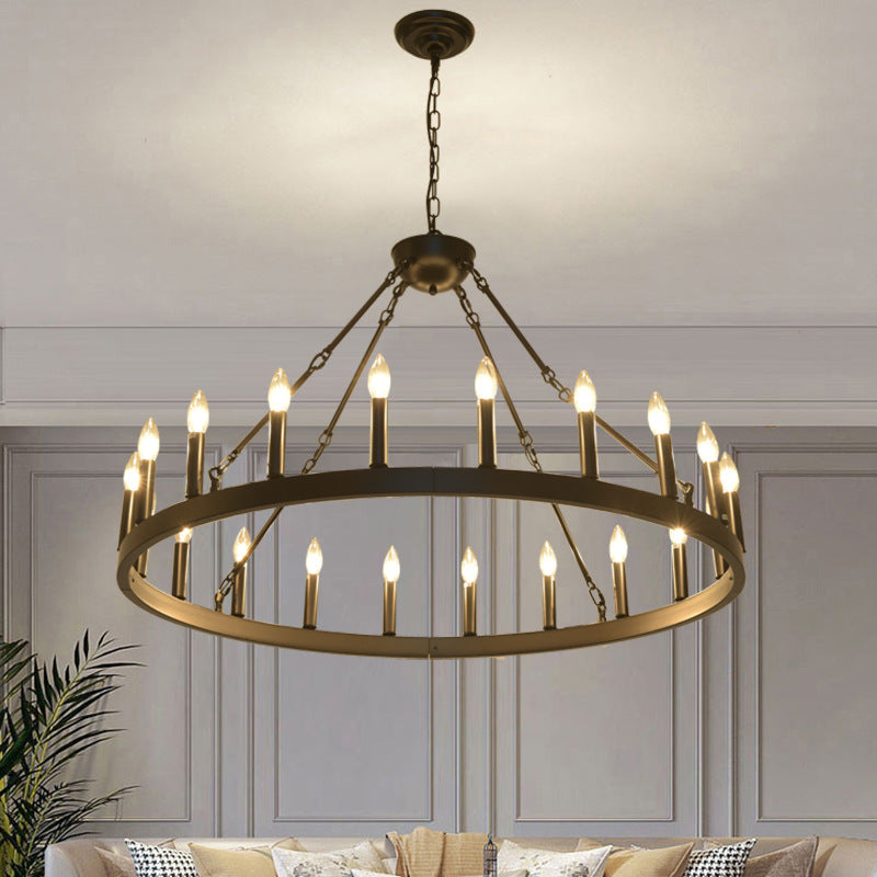Rustic Black Iron Circle Chandelier with Glass for Dining Room Decor