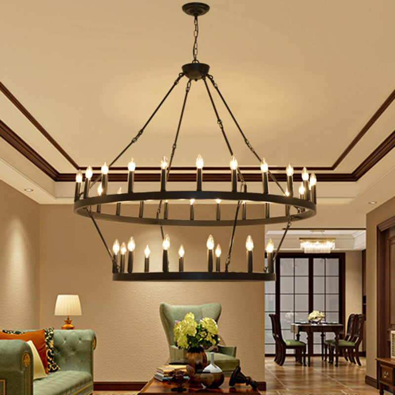 Rustic Black Iron Circle Chandelier with Glass for Dining Room Decor