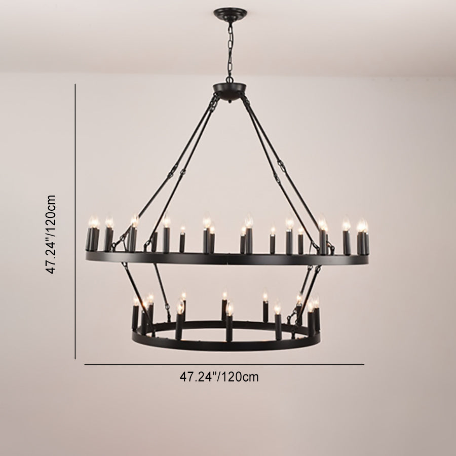 Rustic Black Iron Circle Chandelier with Glass for Dining Room Decor