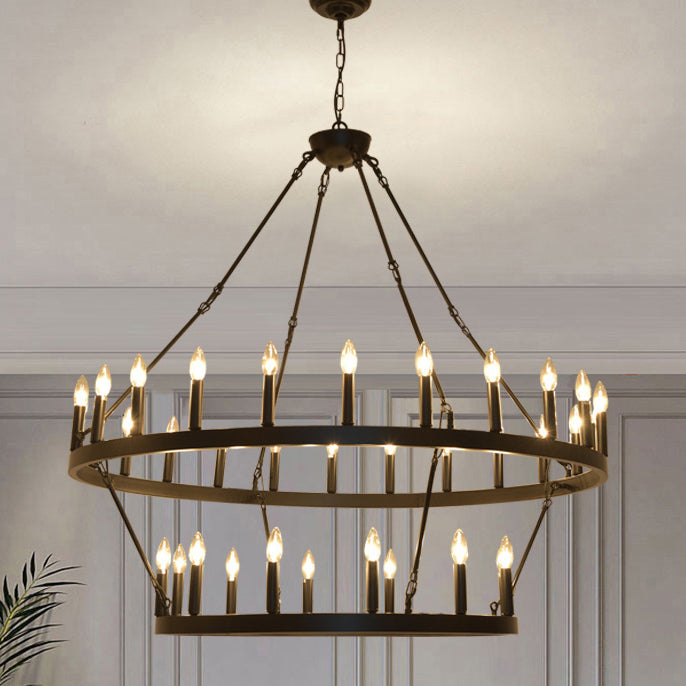 Rustic Black Iron Circle Chandelier with Glass for Dining Room Decor