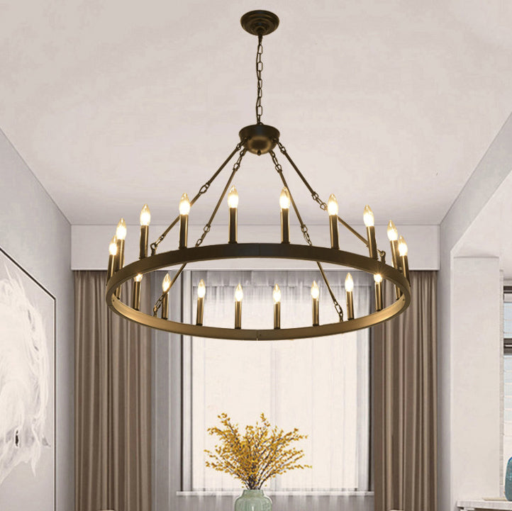 Rustic Black Iron Circle Chandelier with Glass for Dining Room Decor