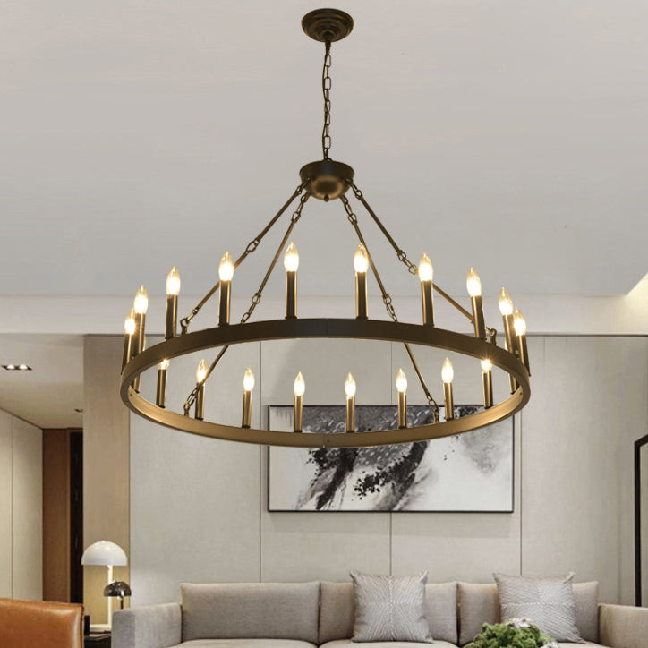 Rustic Black Iron Circle Chandelier with Glass for Dining Room Decor